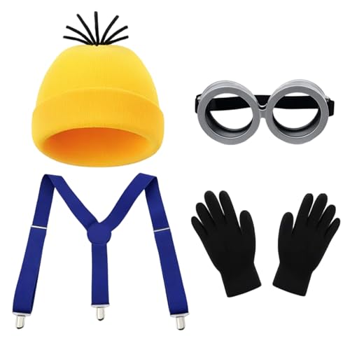 4 Pcs Funny Halloween Costumes Adults Fancy Dress Set with Steampunk Goggles Glasses Yellow Knitted Hat Black Gloves Shoulder Straps Suitable for Halloween Role-Playing Carnival Party Costumes