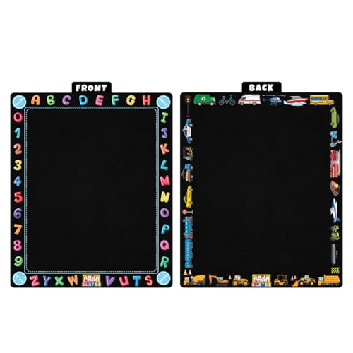 Image of TOKYODO Pre-Printed Rewriting Slates Chalk Board for Kids, Double Sided Writing Learning Black Board, with 4 Letter Spelling Cards (Pack of 1, Vehicle)