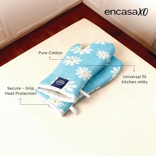 Image of Encasa XO Extra Long 18x35 cm Microwave Oven Gloves Mitts (2 pcs) for Kitchen Cooking - Daisy Blue - Heat Resistant, Thick & Safe, Protection of Hands from Hot Utensils, Gas Flame, Grill, Barbecue