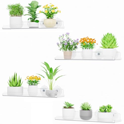Lifewit Estanterias Plantas para Ventana, 4 Pack 38cm Baldas flotantes para Plantas Suculentas Interiores y Verduras en Miniatura, Repisas con Estante de Ventosas Acrílicas para Baño/Habitacion