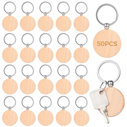 Wooden Keychain Blanks, Blank Wood Keychains for Personalized DIY Crafts, Round Wood Keyring Blanks for DIY Key Chains, Christmas Pendants, Wall Hangings, Bag Decorations, Pet Tags (Round) (50 Pcs)