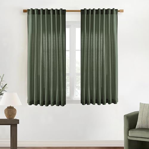 Image of XTMYI Short Curtains for Bathroom Window,Dark Olive Green Boho Bathroom Decor Shower,Sheer Linen Kitchen Curtains,45 Inch Length