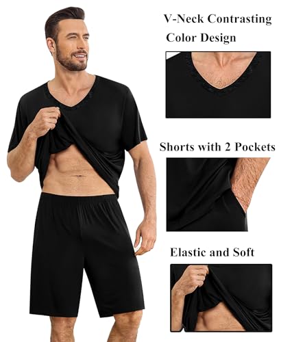 SWOMOG Mens Pajama Sets 2PCS Short Sleeve Pjs Sets V Neck Sleepwear Soft Loungewear Classic Nightshirt Sets with Pockets Nightwear Carbon Black2