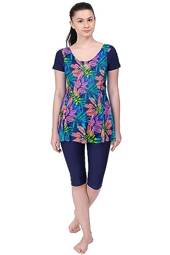 Image of Originals Swimming Costume for Women's One-Piece Beach Wear with Sleeve & Skirted 3 /4 Leggings Maximum Covered Swim Wear Dress (L - 7XL)