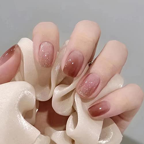 Misud Short Square Press On Nails Squoval Fake Nails Glossy Glue On Nails Red Brown Gradient Acrylic Nails Fall Bloom Glitter Stick On False Nails 24 Pcs #TOP24
