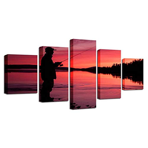 Tableau pêche au coucher du soleil 5 pièces pour décoration salon chaleureuse