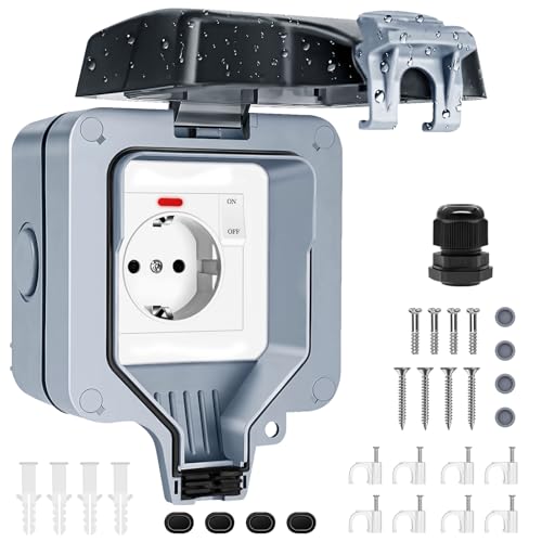 Aussensteckdose Wasserdicht Außensteckdose 1-Fach mit Schalter Kontrollleuchte IP66 Wasserdichte Outdoor Steckdose Feuchtraum Aufputz Gartensteckdose Abschliessbar Aussen Steckdose mit Klappdeckel