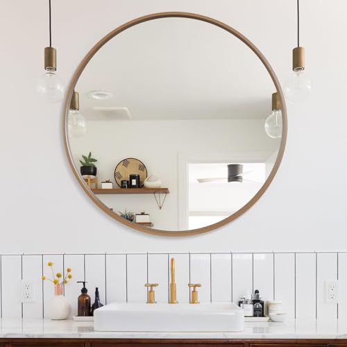 Image of WallBeyond Round Wood Mirror, 36 inch Round Modern Decoration Large Circle Wall Mirror for Bathroom Living Room Bedroom Entryway, Honey