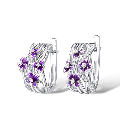 Boucles d'oreilles fleur violette bijoux fins femme émail véritable