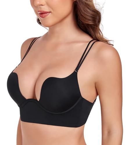 Lemorosy Women's Backless Push Up Low Cut Convertible Multiway Underwire Padded Bra(Black Double Strap,34C) - Image 4