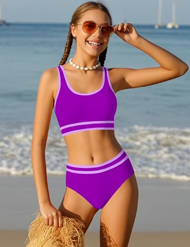 Image of Girls Swimsuit Double Strap High Waist Sporty Bikini Swimsuits Swim Cover Up Skirt 3 Piece Set
