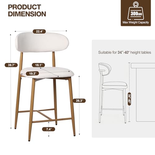 Image of AQO Counter Height Bar Stools Set of 2, Upholstered Counter Stools Modern Barstools with Metal Legs for Kitchen Island Dining Room, Beige