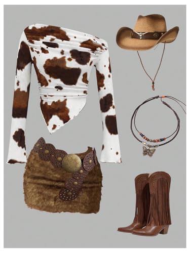 WDIRARA Women's Cow Print One Shoulder T Shirt Y2k Long Bell Sleeve Tees Ruched Asymmetrical Crop Tops3