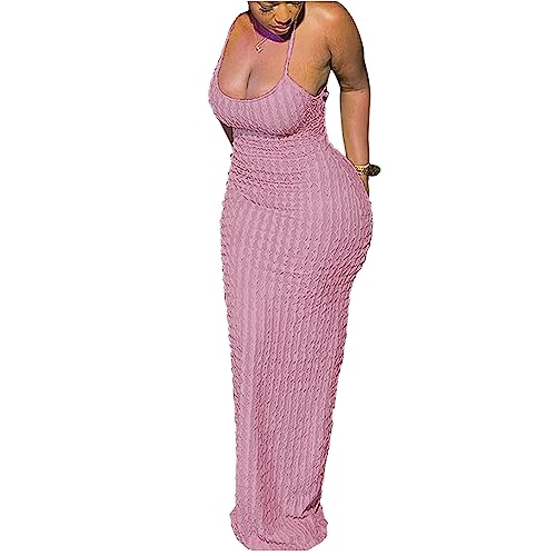 Image of RARITYUS Women's Lace Up Bodycon Maxi Dress Sexy Low Cut Backless Sleeveless Textured Long Party Club Dresses