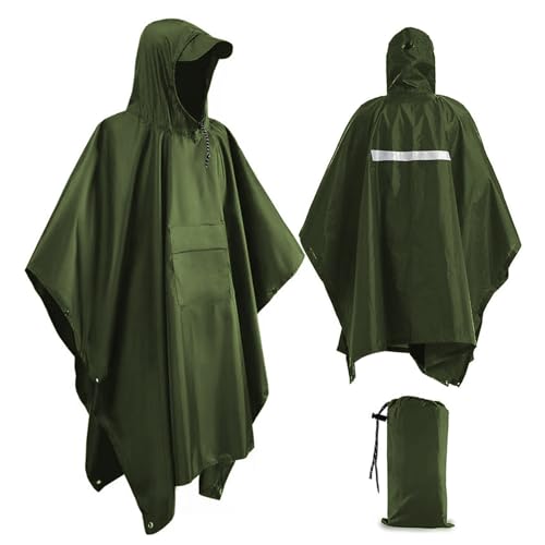 Xrkuu Regenponcho für Erwachsene, Wasserdicht Regenponcho Damen Herren, 3-in-1 Multifunktions Regen Poncho Wiederverwendbarer Regenmantel Regencape mit Reflektorstreifen für Wandern und Reisen, Grün