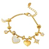 Msioytog Pulsera de mujer de acero inoxidable resistente con dije de corazón chapado en oro de 18 quilates y adornos de circonitas brillantes Pulsera de uso diario