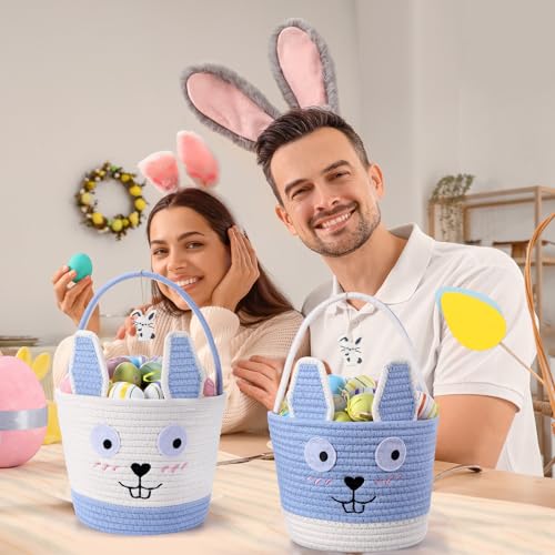 Image of Zopeal 2 Pcs Blue Easter Baskets Woven Rope Bunny Gifts Basket with Ears Large Empty Egg Storage Basket for Easter Party, 9.8 x 7.8 x 7.8 Inch