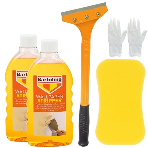 Wallpaper Remover Kit - Bundle with 2X 500ml Wallpaper Stripper, 4-Inch Heavy Duty Wallpaper Scraper, Large Sponge and Pair of Nitrile Gloves - Suitable for All Types of Wallpaper Removal
