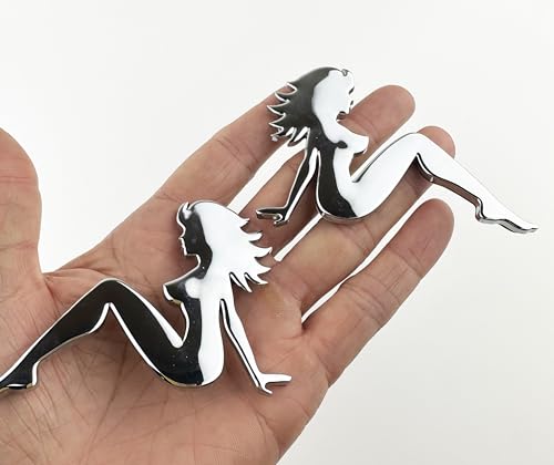 Image of Two Pieces of 3D Premium Chrome Lady Trucker Girl Badges Emblems with Adhesive Backing