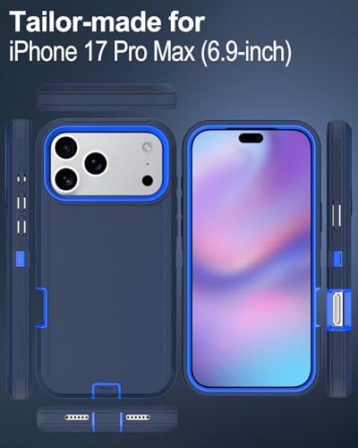 Image of for iPhone 17 Pro Max Case with Port Cover, Rubber Matte, Blue | 3-Layer Heavy Duty Armor, 16ft Drop Protection, Non-Slip Shockproof & Anti-Fingerprint