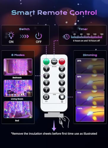 Image of Brightown 300 LED Fairy Curtain Lights, 9.8ft x 9.8ft Curtain String Lights | Multicolor USB Plug in 8 Lighting Modes Christmas String Hanging Lights with Remote for Bedroom Indoor Outdoor Party Xmas