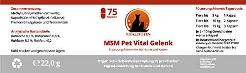 Vitalpfoten 75 MSM Pet Vital Gelenk Kapseln für Hunde und Katzen, hochreines Methylsulfonylmethan für Knochen, Knorpel, Bindegewebe