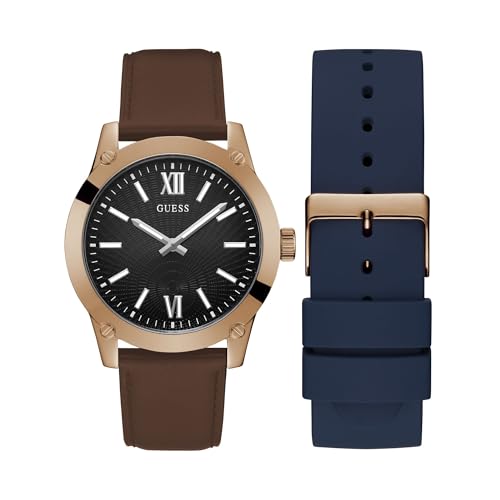 GUESS Coffret Montre analogique Rose et Noir, Bracelets interchangeables/Ton Or Rose/Bleu, Taille Unique, Classique
