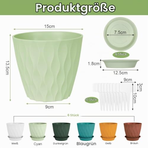 vsshe Blumentopf, 6er Set Blumentöpfe aus Kunststoff, Waffelmuster Pflanzentopf rund mit Untersetzer & Drainageloch… – Ansicht 2