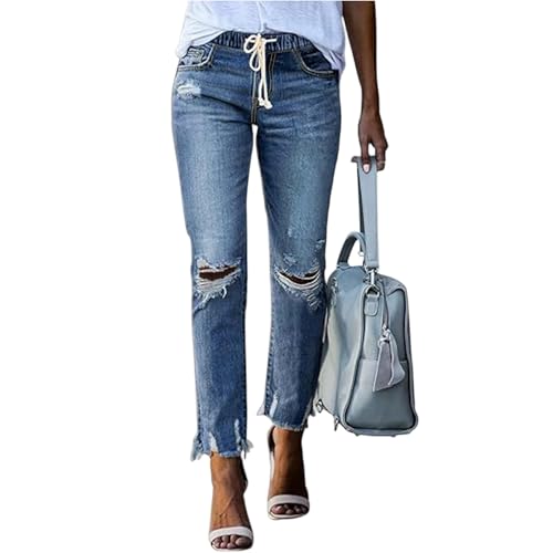 fanmpghleoo Ripped Jeans Womens Drawstring Elastic High Waisted Skinny Jeans Stretch Distressed Raw Hem Cropped Denim Joggers
