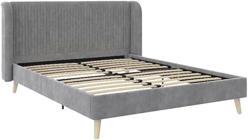 Novogratz Holly Upholstered Wingback Bed Frame, Queen, Light Gray Velvet