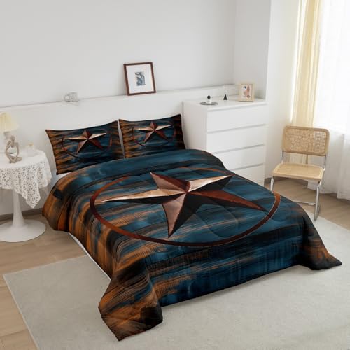 Image of Rustic Texas Star Comforter Western Texas Comforter Set for Boys Girls Navy Blue Wood Boards Bedding Set Country Farmhouse Duvet Set Room Decor Quilt Full Size Boys