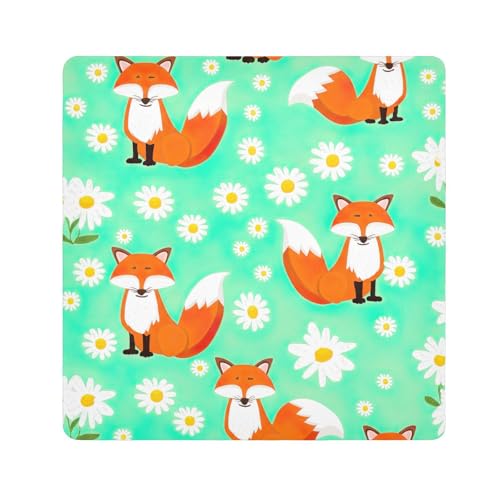 ODAWA Cute Cartoon Foxes Daisies Green Self-Adhesive Cloths 13.8X13.8 Inch Makeup Wrap Cloth Bag Magic Self-Adhesive Cloths for Camera, Lens, Laptop