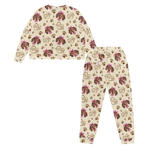 Image of Dachshund Paw Print Women's Pajama Sets Long Sleeve Sleepwear with Long Pants Crew Neck Nightwear with Pocket Loose Fits Loungewear, L