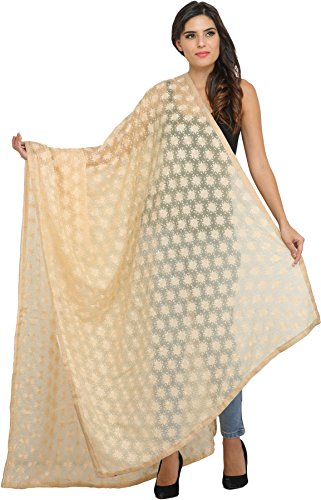 Phulkari Dupatta from Punjab with Embroidered Bootis in Self-color Thread - Chiffon