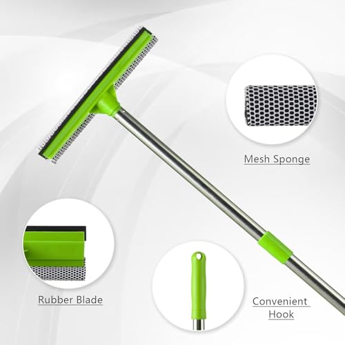 Image of 2-in-1 Window Squeegee with 30 inch-59 inch Stainless Steel Adjustable Handle - Glass Cleaner for Shower Doors, Car Windshield & High Outdoor Windows (Green)