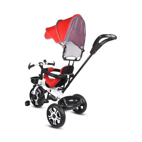 Image of BABY SMILE 4-in-1 Kids Tricycle with Adjustable Canopy, Parent Push Handle, Red and White (RED)