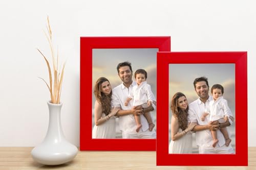Image of set of 2 8x12 Inch Red Color Glass & Synthetic Wood Hanging /Table Top Modern Photo Frame for Wall Decoration