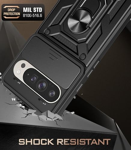 Image of Spazy Case Google Pixel 9 /9 Pro Back Cover | Heavy Duty Hybrid Case with 360 Degree Rotating Finger Ring Holder + Slider Shutter Camera Protection Case for Google Pixel 9 5G / 9 Pro - Black