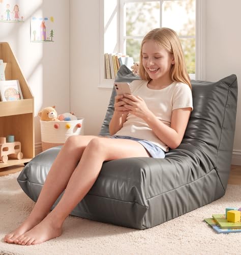 Image of Hobestluk Small Bean Bag Chair Leather Beanbag Lazy Floor Sofa Bean Bags with Memory Foam Filled Waterproof Lounge Sofa Armless Chair for Bedroom Playroom Dorm and Reading (Grey, Medium)