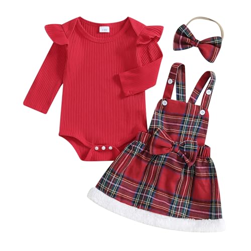 Image of Bonangber Newborn Baby Girl Christmas Outfit Long Sleeve Romper Suspender Plaid Skirts My First Christmas Baby Girl Outfit