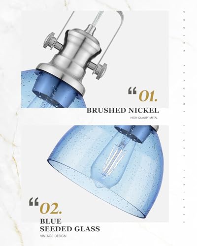 Image of 2-Pack 7.5 inch Brushed Nickel Pendant Lights, Blue Seeded Glass Shade | Farmhouse Vintage Hanging Light Fixtures for Kitchen Island Dining Room, Adjustable Hanging Height, E26 Base, 22151-1P2-SN-BL