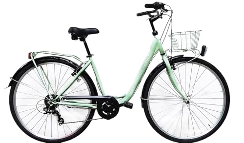 CLOOT Bicicleta Paseo Relax 28' Urbana con Cesta Portaequipajes Cambio 6 Velocidades Cuadro Bajo Comoda Estilo Clasico Confort Diario Uso Ciudad Ligera Diseño Elegante Hombre Mujer 160-183 cm (Verde)