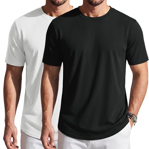 Cotrasen Mens T-Shirts Short Sleeve Curved Hem UPF 80+ Lightweight Moisture Wicking Cooling Casual Crewneck Tee Shirts, Pack of 2 Black/White
