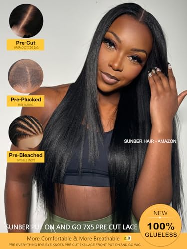 Image of Sunber Yaki Straight Human Hair Bye Bye Knots Pre Cut Lace 7x5 Lace Front Glueless Wig Put On Go Light Yaki Straight Wigs Pre Bleached Invisible Knots 150% Density with Baby Hair 18Inch for Beginner