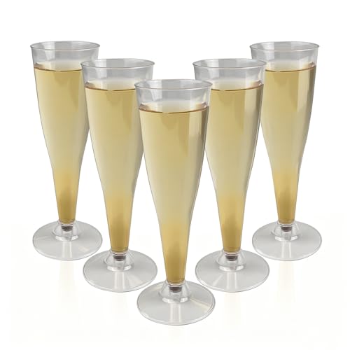CHALVIOR 46 Copas de Champán de Plástico, 135ml, transparente, Flautas de Champán, Vasos de Plástico Reutilizables y Resistentes, Fácil de limpiar, para Bodas, Cumpleaños, Barbacoa y Fiestas.