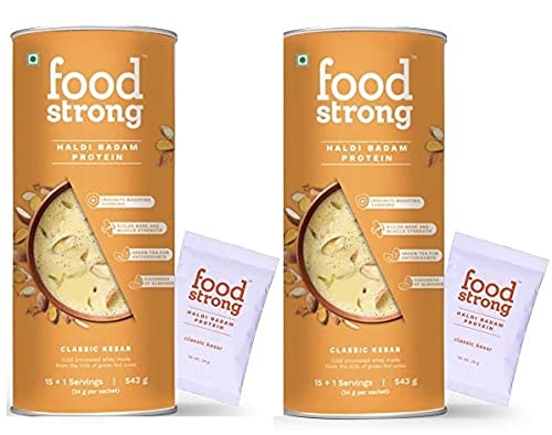 Foodstrong Whey Protein Powder (Concentrate + Isolate), 100% Hormone free Grass-fed Whey, 26G Protein & 6.6G BCAA, Haldi Badam, With Turmeric & Digestive Enzymes, 16 Sachets, 543G (Pack of 2)