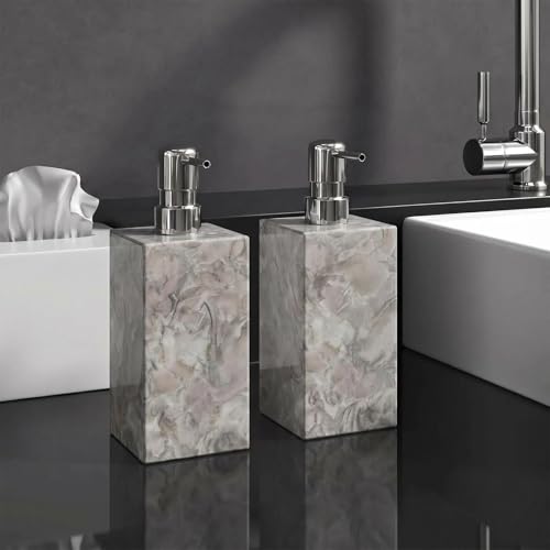 AUSAULAC 2 Set Real Natural Marble Soap Dispenser with Stainless Steel Pump – Decorative Liquid Hand Soap Bottle for Kitchen & Bathroom, Compatible with Lotion, Dish Soap & Shower Gel (Grey)