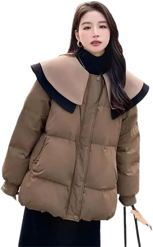 Women's French Turn-Down Collar Puffer Jacket Winter Loose Long Sleeve Warm Down Cotton Outerwear