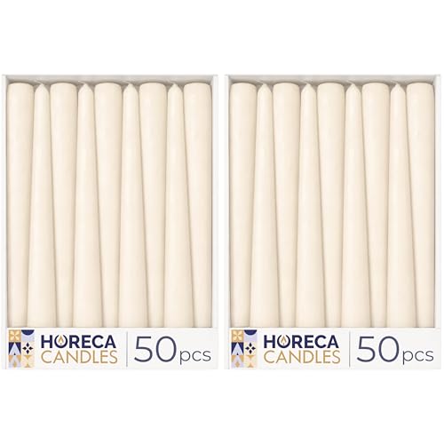 Horeca Candles Bougies coniques ivoire - 25,4 cm (H) - Lot de 100 bougies non parfumées - Durée de combustion de 7,5 heures - Sans fumée - Sans goutte