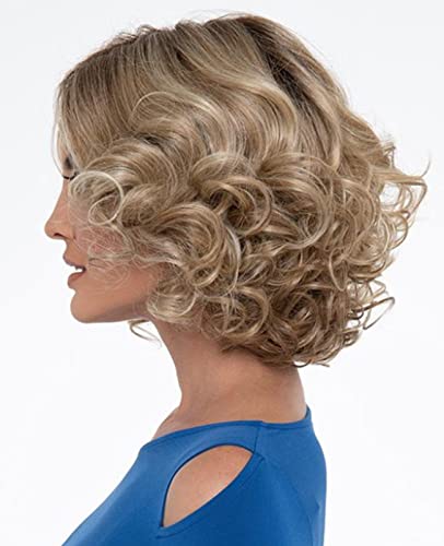 Renershow Short Ombre Blonde Curly Wigs For Women Mixed Blonde Wavy Synthetic Wig With Dark Roots #TOP1
